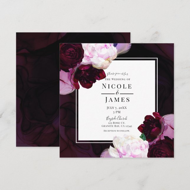 Invitación Vino oscuro Moody Floral Elegante Boda Glam (Anverso / Reverso)