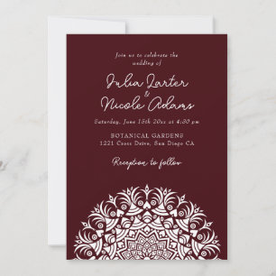 Invitación Vino Oscuro Rojo Marrón Abstracto Mandala Boda