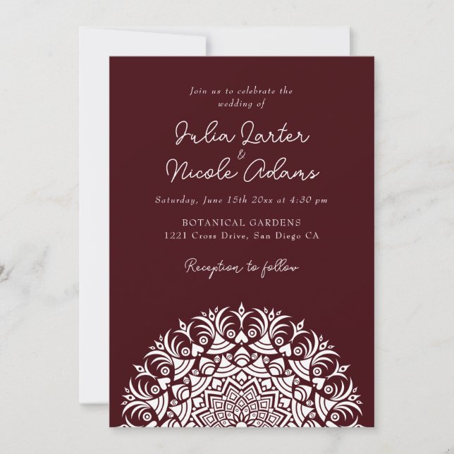 Invitación Vino Oscuro Rojo Marrón Abstracto Mandala Boda (Anverso)