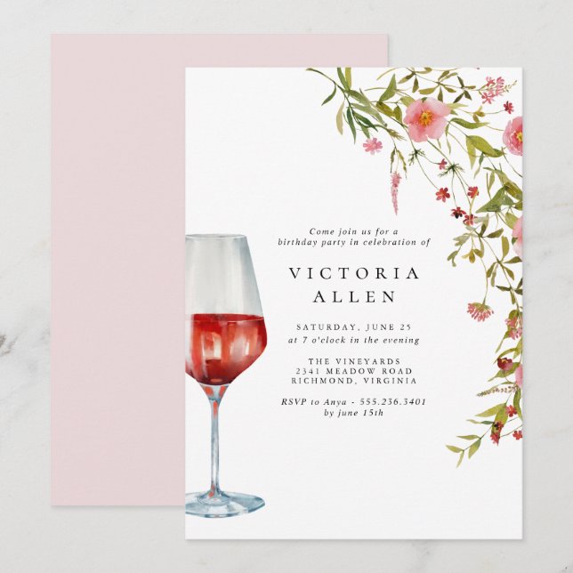 Invitación Vino Rojo | Elegante cumpleaños de mujeres con flo (Anverso / Reverso)