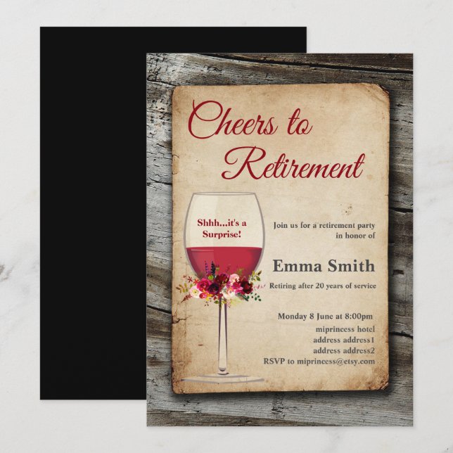 Invitación Vino rojo, fiesta jubilatorio, jubilado (Anverso / Reverso)