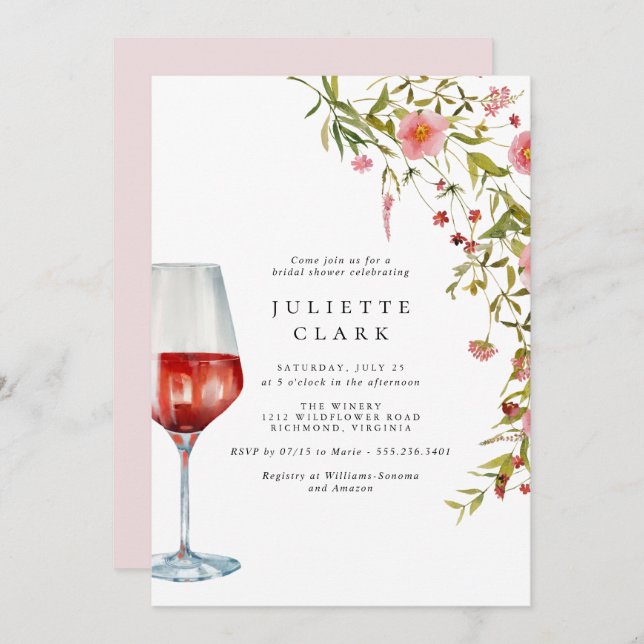 Invitación Vino Rojo y Jardín Floral Rosa Ducha de Novias (Anverso / Reverso)