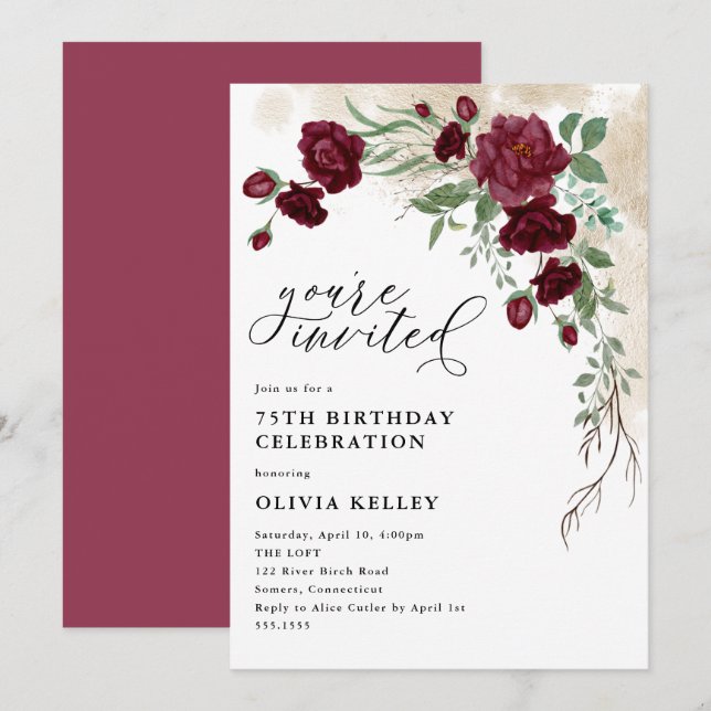 Invitación Vino Rosa de Borgoña, fiesta de cumpleaños floral (Anverso / Reverso)