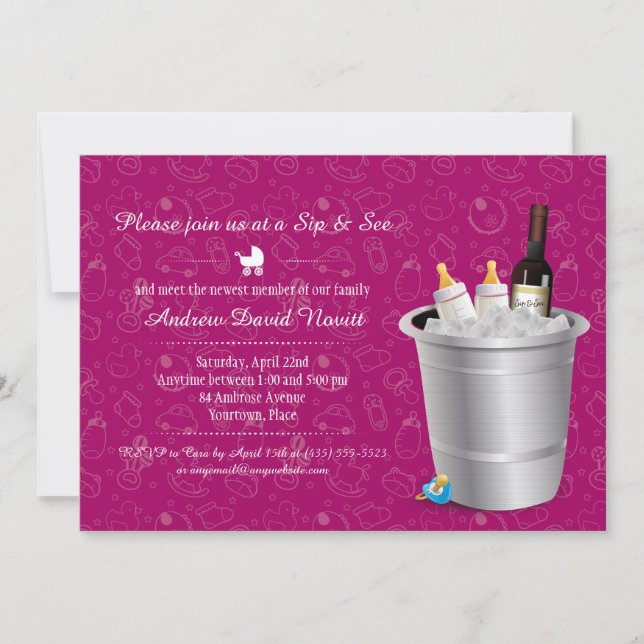 Invitación Vino rosa y frascos para bebés Sip y Ver Baby Show (Anverso)