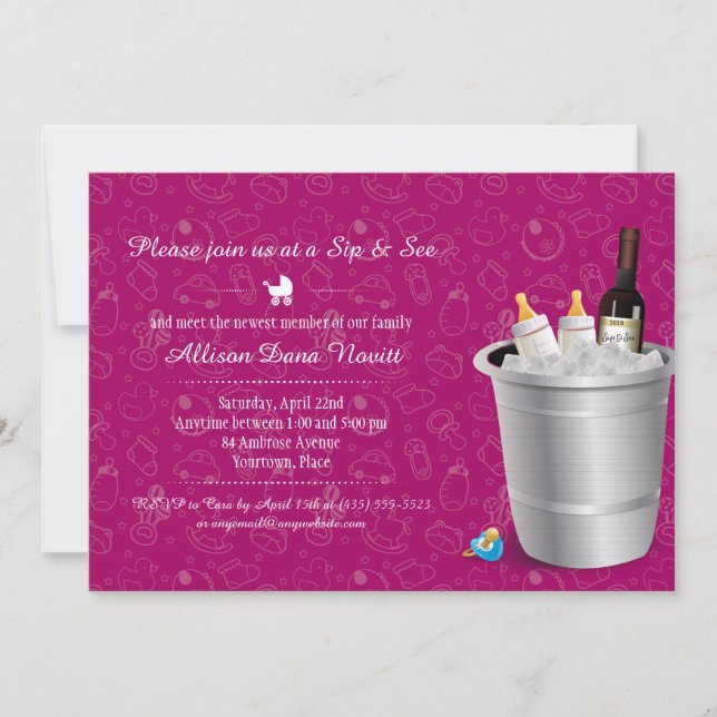 Invitación Vino rosa y frascos para bebés Sip y Ver Baby Show (Anverso)