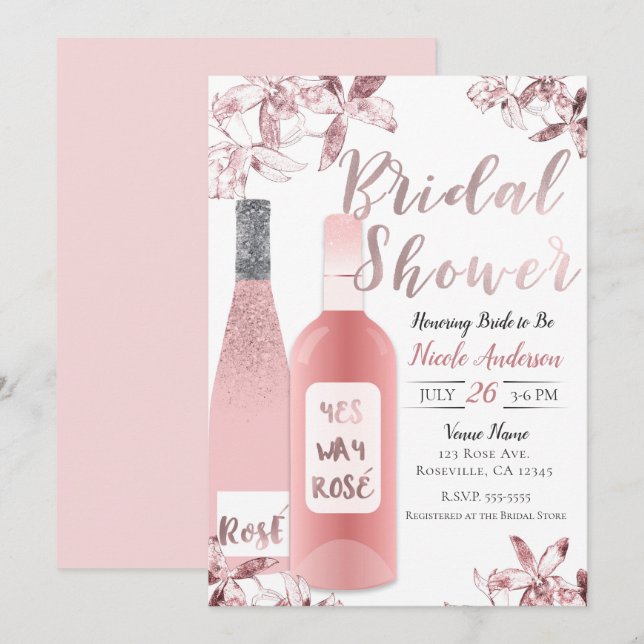 Invitación Vino Rosado y Flores de Orquídea para Despedida de (Anverso / Reverso)
