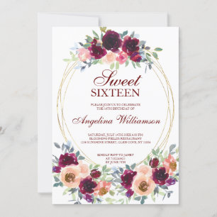 INVITACIÓN VINO RUBOR WATERCOLOR FLORAL GOLD FOTO SWEET 16