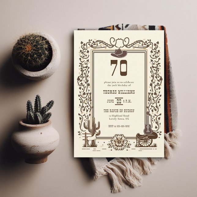 Invitación Vino rústico vintage marco occidental 70 cumpleaño (birthday invitation for men country western barn backyard rustic elegant botanical cactus horse hat)