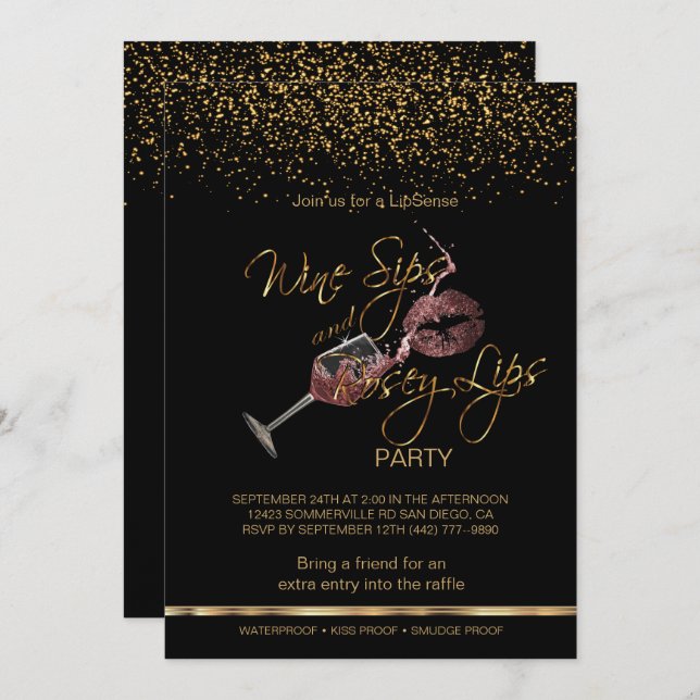 Invitación Vino Sips y Rosey Lips Lipsense Fiesta (Anverso / Reverso)