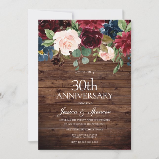 Invitación Vino Tinto Burgundy Rústico 30 Aniversario de Boda (Anverso)