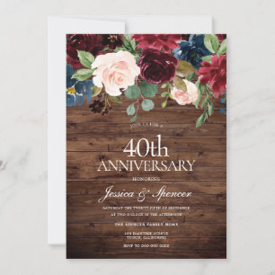 Invitación Vino Tinto Burgundy Rústico 40 Aniversario de Boda