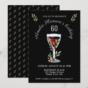 Invitación Vino Tinto Rosa Acuarela Azul Marino 60 Cumpleaños