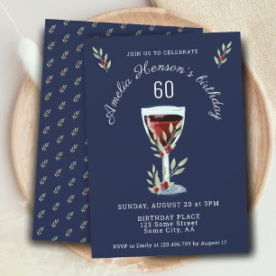 Invitación Vino Tinto Rosa Acuarela Azul Marino 60 Cumpleaños