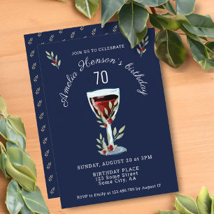 Invitación Vino Tinto Rosa Acuarela Azul Marino 70 Cumpleaños