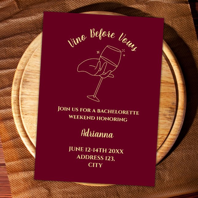 Invitación Vino Vino Antes De Vacas Bachelorette Weekend (Wine Vino Before Vows Burgundy And Gold Bachelorette Weekend Itinerary)