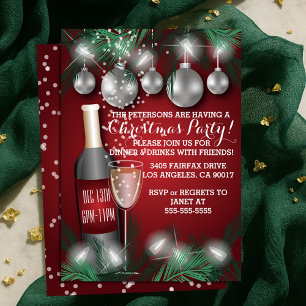 Invitación Vino y ornamentos Fiesta de Navidades Rojos