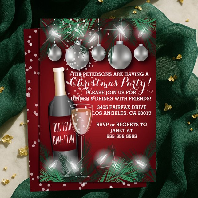 Invitación Vino y ornamentos Fiesta de Navidades Rojos (Wine and Ornaments Red Christmas Holiday Party Invitation)
