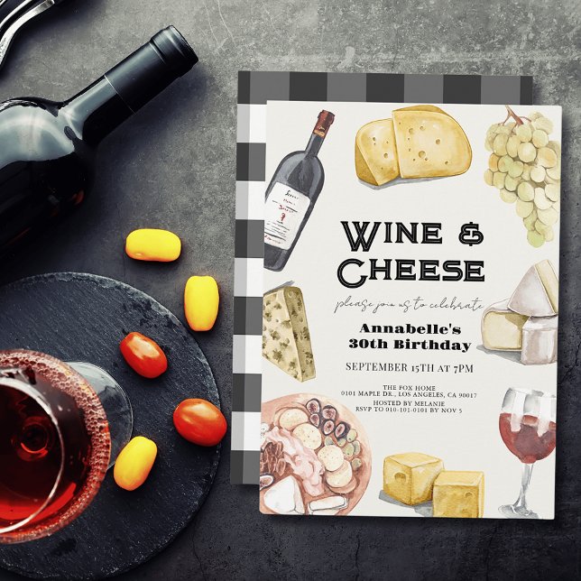 Invitación Vino y queso Charcuterie Gingham Adultos Cumpleaño (Subido por el creador)