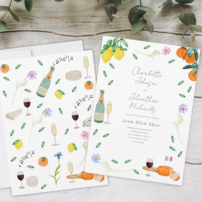 Invitación Vino y Queso Floral Francés Boho (Boho chic summer wedding whimsical floral wind and cheese french theme)