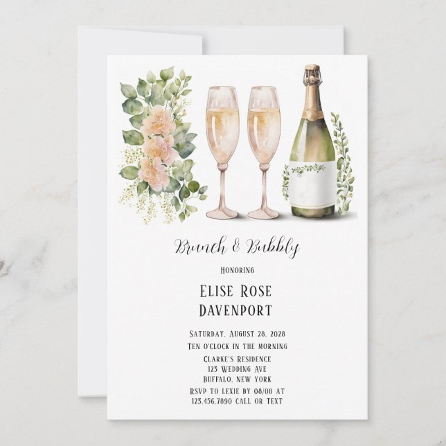 Invitación Vino y Vidrio Vegetales Vegetación Floral Brunch & (Anverso)