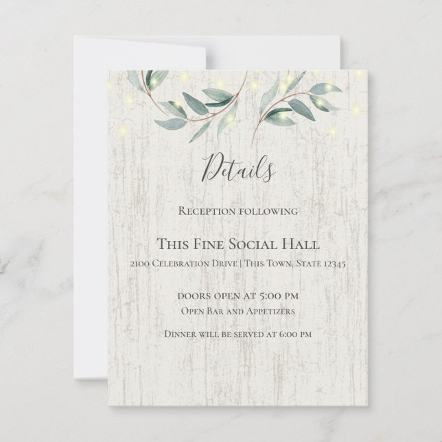 Invitación Vinos botánicos y luces Boda rústico (Anverso)