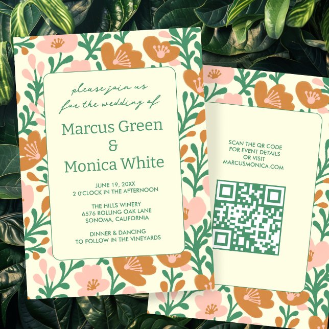 Invitación Vinos de flores silvestres Personalizado verde ros (Wildflower Vines Pink Green Custom QR Code WEDDING Invitation
)