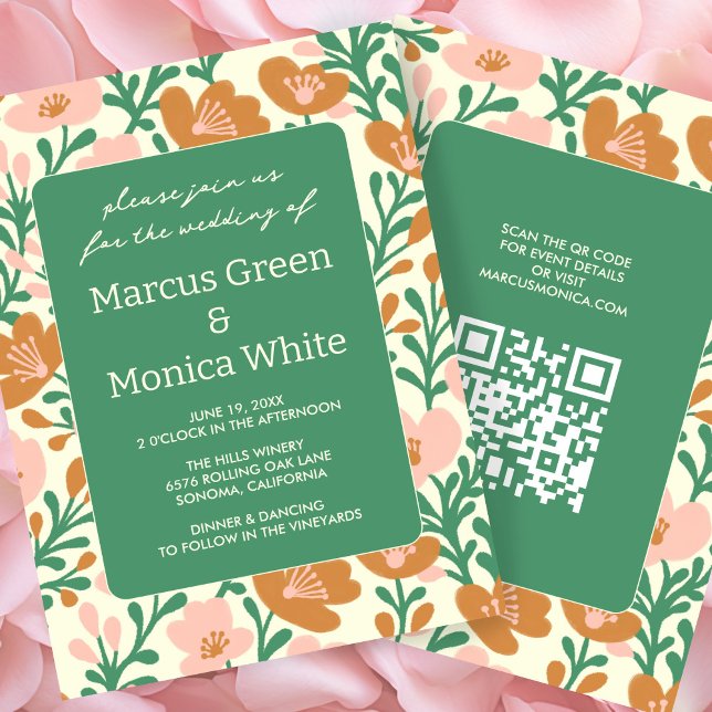 Invitación Vinos de flores silvestres Personalizado verde ros (Wildflower Vines Pink Green Custom QR Code WEDDING Invitation
)