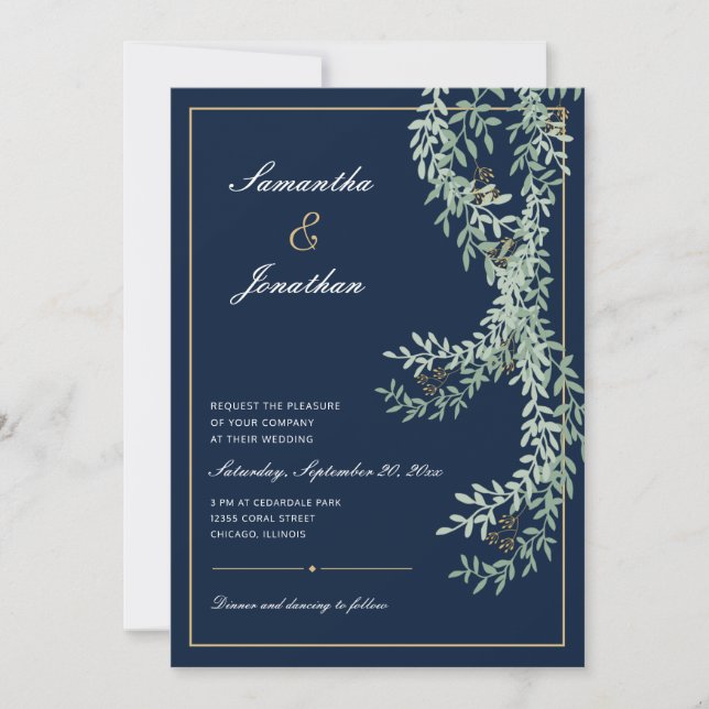 Invitación Vinos de hojas verdes de sabio | Boda azul de la M (Anverso)