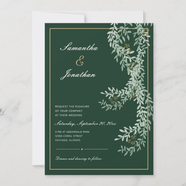 Invitación Vinos de hojas verdes de sabio | Boda verde esmera (Anverso)