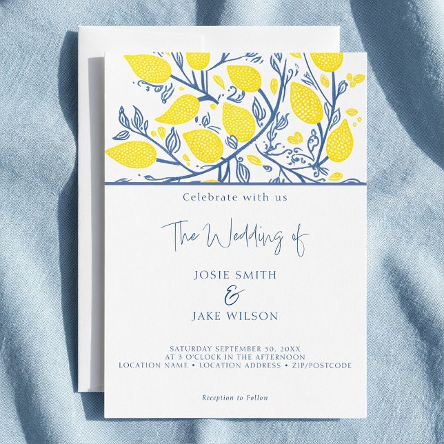 Invitación Vinos de limón de bonito azul y amarillo (Blue and yellow pretty lemon vines invitation.)