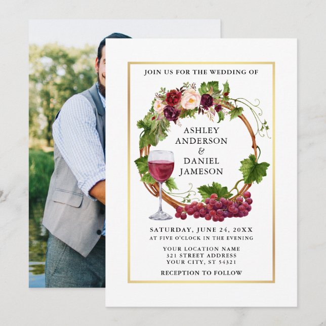 Invitación Vinos de uva acuarela Boda de foto de guirnalda fl (Anverso / Reverso)