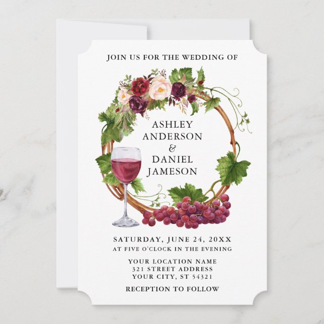 Invitación Vinos de uva acuarela Boda de guirnalda floral (Anverso)