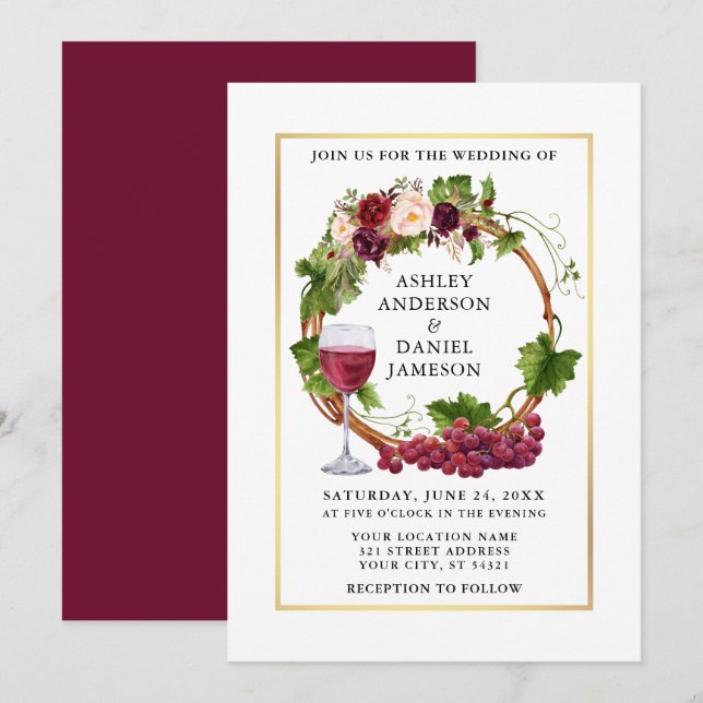 Invitación Vinos de uva acuarela Boda de oro de guirnalda flo (Anverso / Reverso)