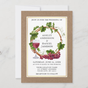 Invitación Vinos de uva acuarela Wreath Kraft Boda