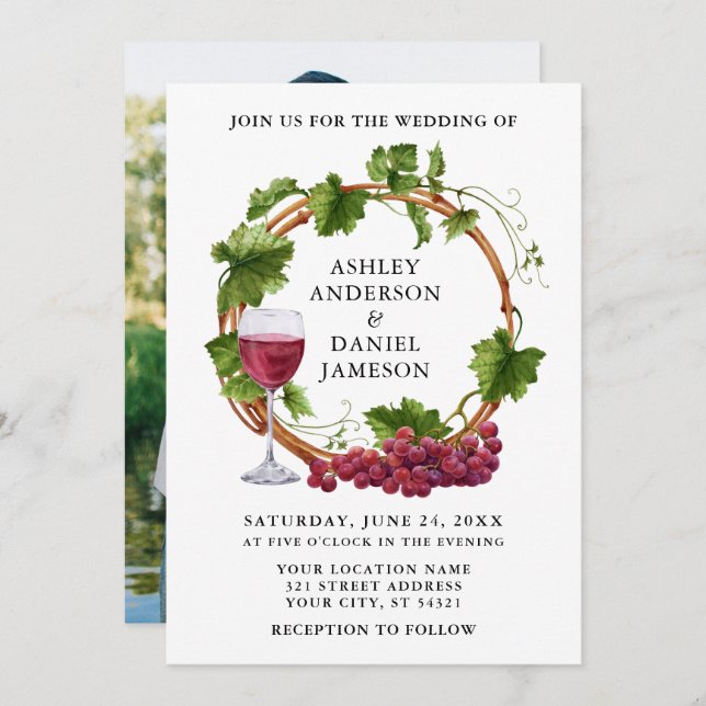 Invitación Vinos de uva acuarela Wreath Photo Boda (Anverso / Reverso)