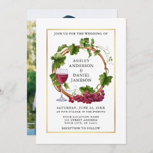 Invitación Vinos de uva acuarela Wreath Photo Gold Boda