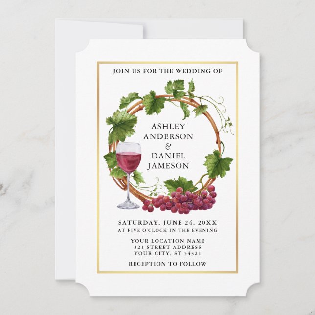 Invitación Vinos de uva acuarela Wreath Wreath Gold Boda (Anverso)