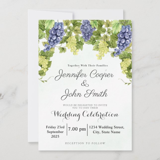Invitación Vinos de uva de invierno de acuarela Boda de viña (Anverso)