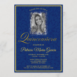 Invitación Vinos florales azules de Quinceañera con foto