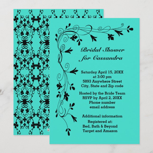 Invitación Vinos florales negros Turquesa o Ducha de novia en (Anverso / Reverso)
