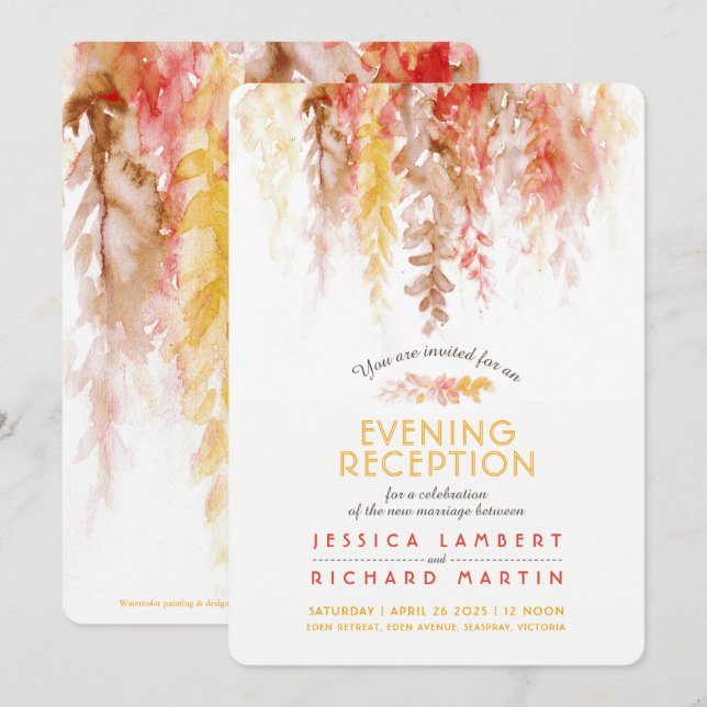 Invitación Vinos recepción por la noche de boda rojo coral (Anverso / Reverso)