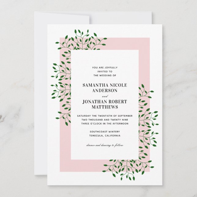 Invitación Vinos verdes esmeraldas y elegante boda rosa claro (Anverso)