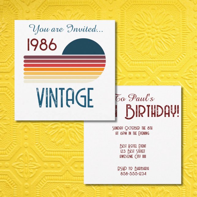 Invitación Vintage 1986 Retro Stripe Sun 40th Birthday (Subido por el creador)
