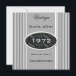 Invitación Vintage 40th Birthday Fiesta Plata Metalizado Negr<br><div class="desc">Vintage 1972 50 40 60 30 Partido de Cumpleaños Elegante Plata Metalizado Invitación Negra Fiesta de Cumpleaños. Todas las Ocasiones Fabulous Elegant Events para los hombres Fiestas Invita a todas las edades,  sólo personalizar a la edad que usted desee!</div>
