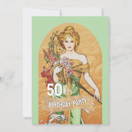 Invitación Vintage 50th Birthday Party, Mucha, diosa de la pr