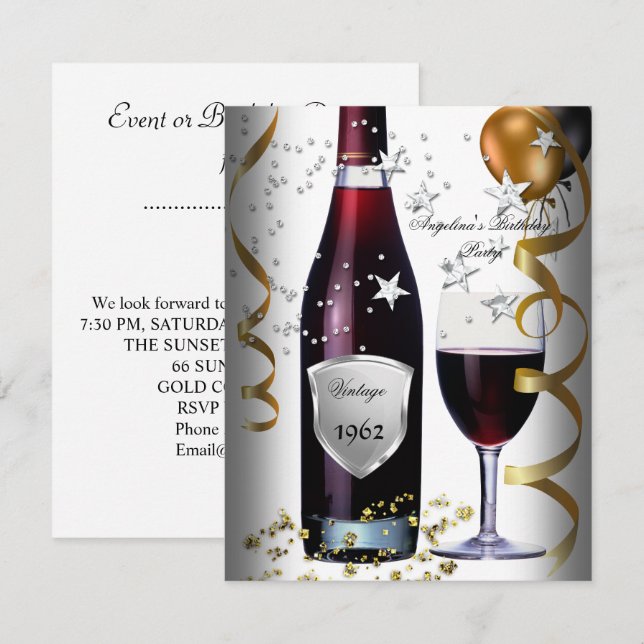 Invitación Vintage 50th Birthday Wine Black Gold Balloons (Anverso / Reverso)
