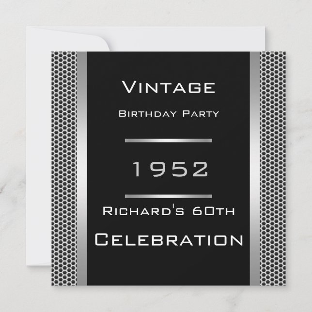 Invitación Vintage 60th Black Look Metalizado Birthday Party (Anverso)