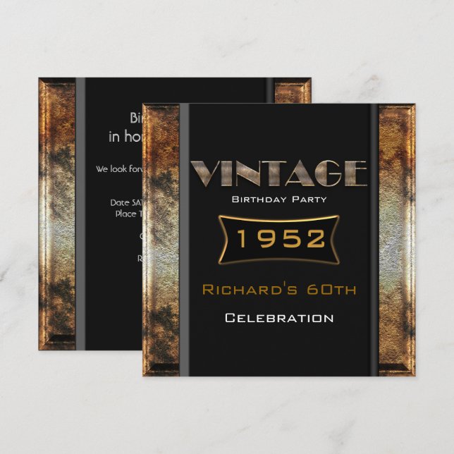 Invitación Vintage 60th Rusty Gold Black Birthday Party (Anverso / Reverso)