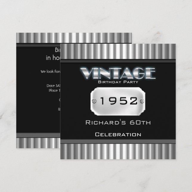 Invitación Vintage 60th Silver Chrome Black Birthday Party (Anverso / Reverso)