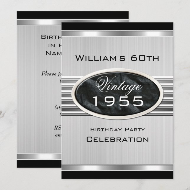Invitación Vintage 60th Silver Metalizado cumpleaños 2 (Anverso / Reverso)